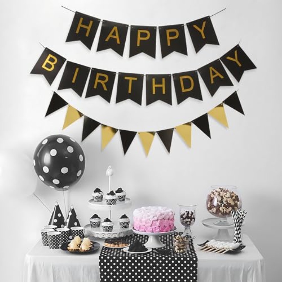 Party Banner Gold - Spanduk Bergaris Hitam dan Emas dengan